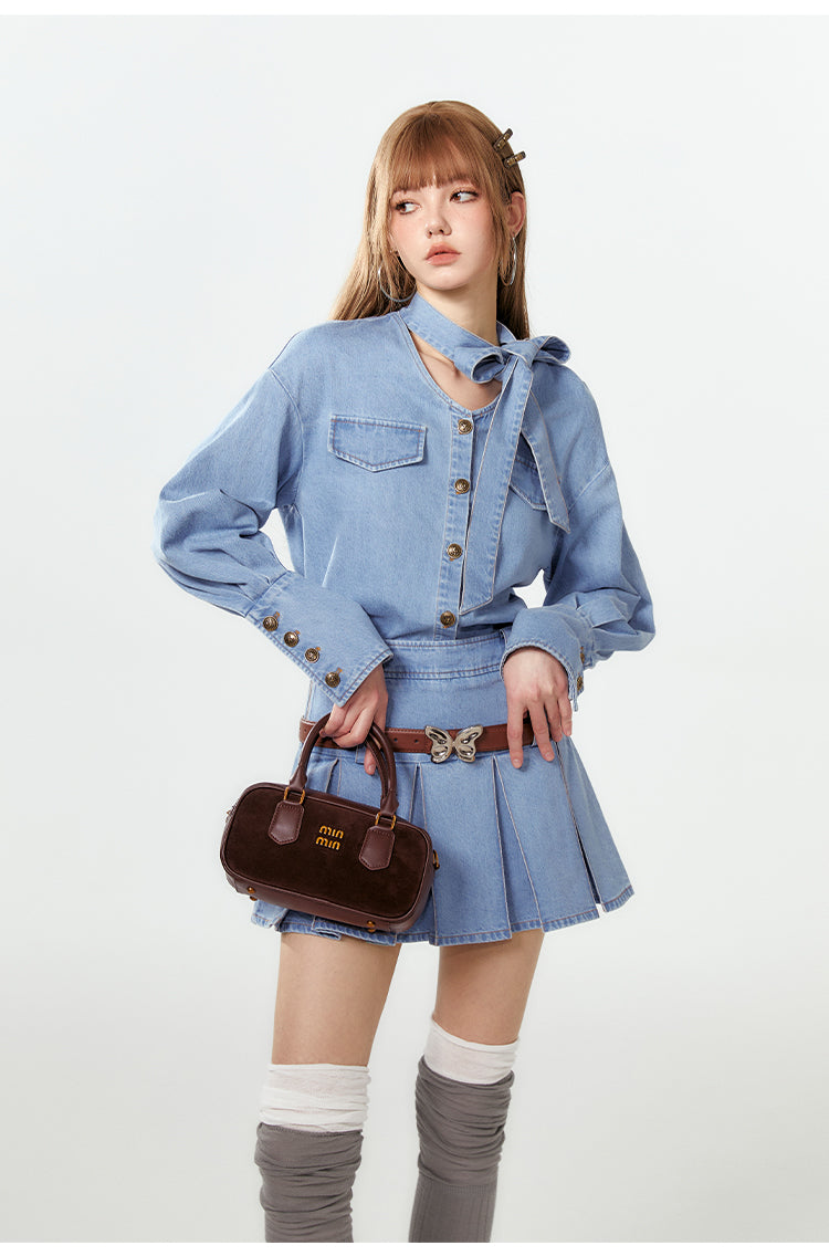 V-Neck Washed Denim Shirt With Extended Cuffs