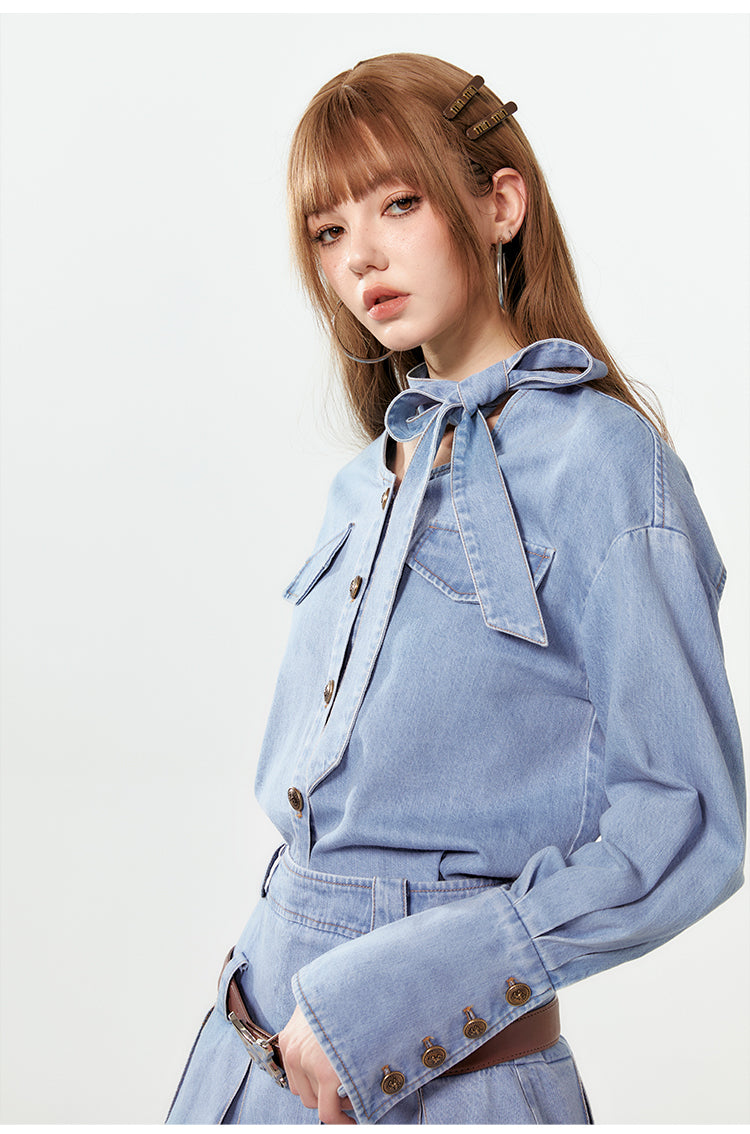 V-Neck Washed Denim Shirt With Extended Cuffs