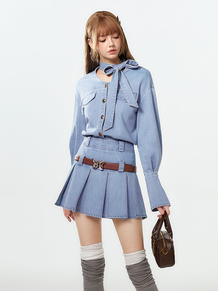 V-Neck Washed Denim Shirt With Extended Cuffs