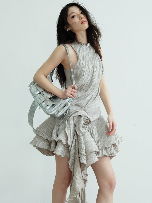 Sleeveless Crinkled Dress With Asymmetric Ruffled Hem