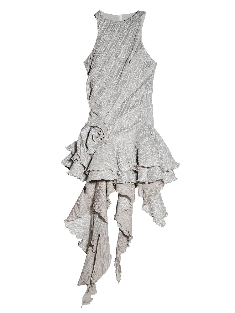 Sleeveless Crinkled Dress With Asymmetric Ruffled Hem