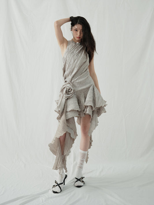 Sleeveless Crinkled Dress With Asymmetric Ruffled Hem