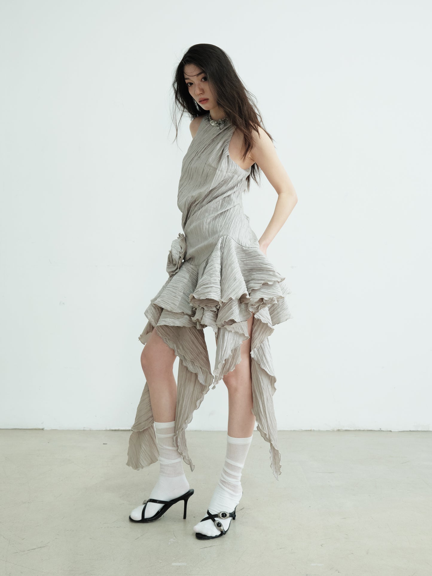 Sleeveless Crinkled Dress With Asymmetric Ruffled Hem