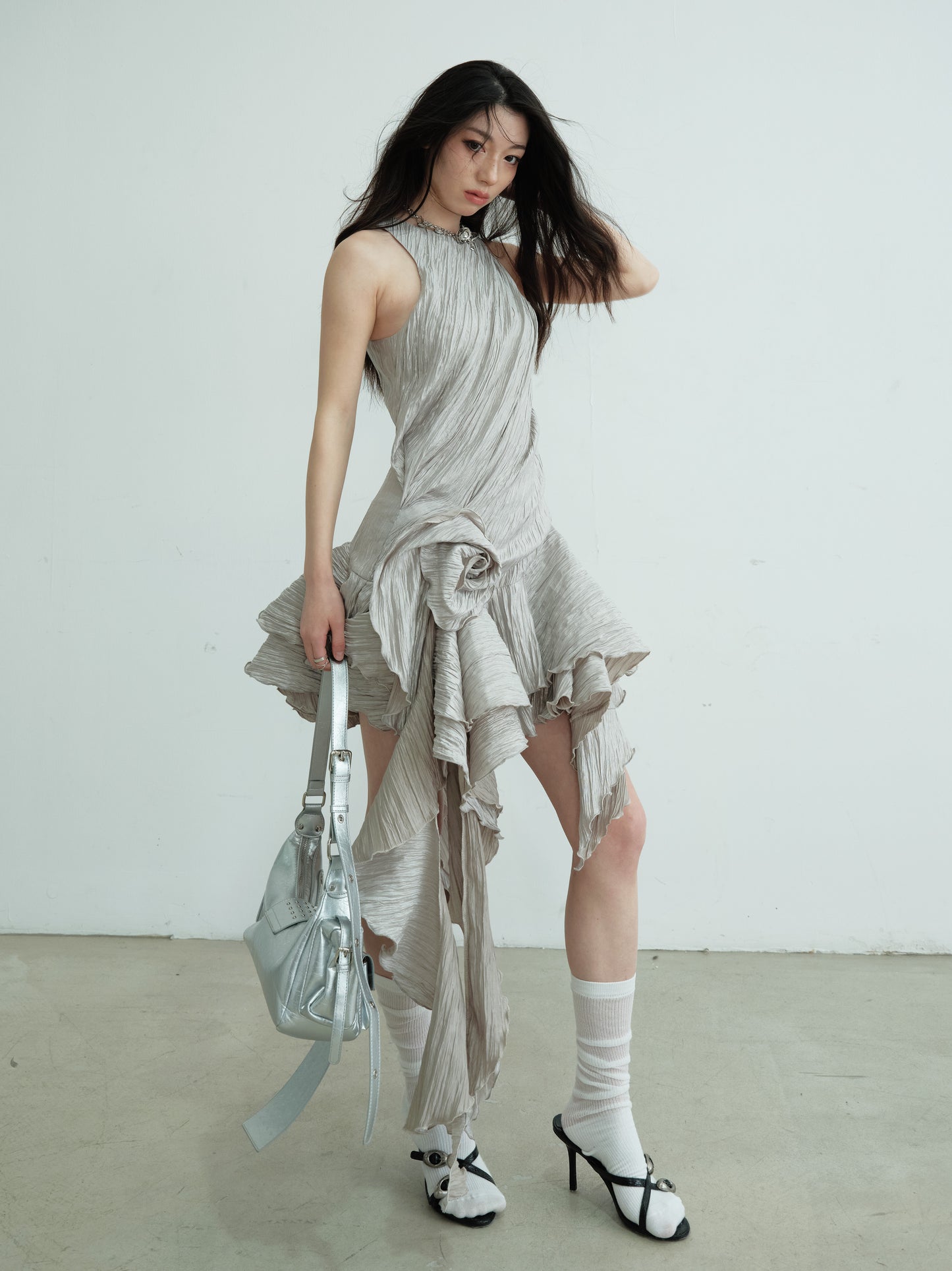 Sleeveless Crinkled Dress With Asymmetric Ruffled Hem