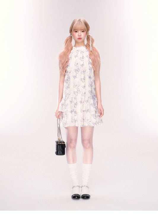 Sleeveless Tiered Butterfly Print Dress With Neck Ribbon