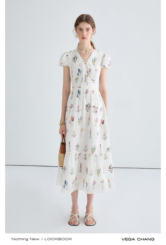 Puff-Sleeve Dress With Floral Embroidery