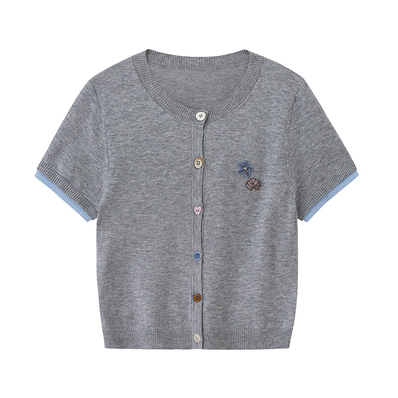 Beaded Shell Cardigan With Layered Sleeves And Mixed Buttons