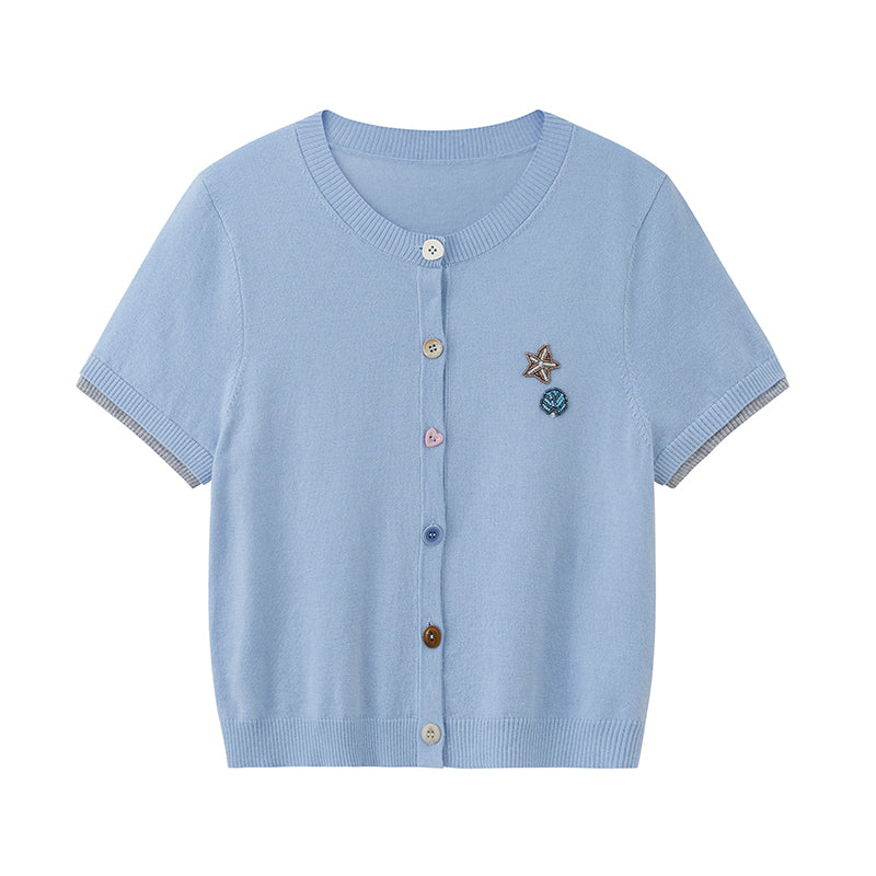 Beaded Shell Cardigan With Layered Sleeves And Mixed Buttons