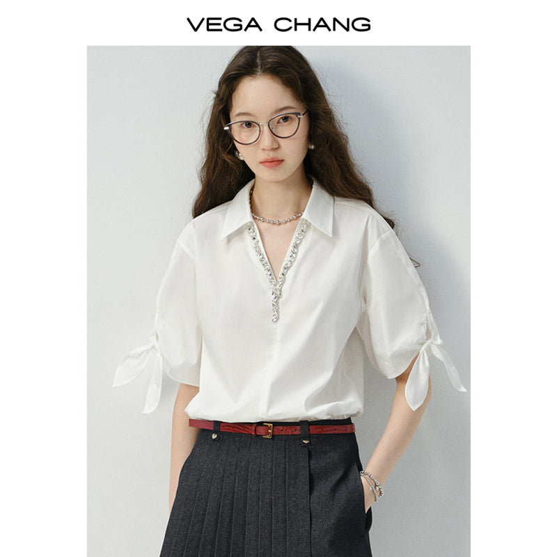 Sparkling V-Neck Shirt With Sleeve Tie Detail