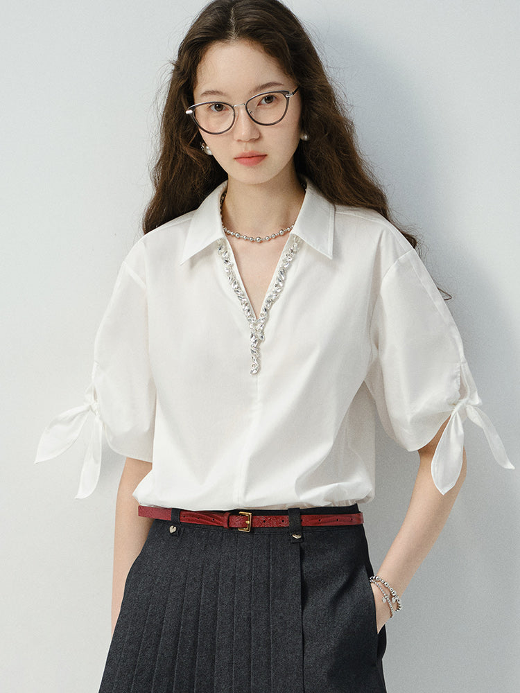 Sparkling V-Neck Shirt With Sleeve Tie Detail