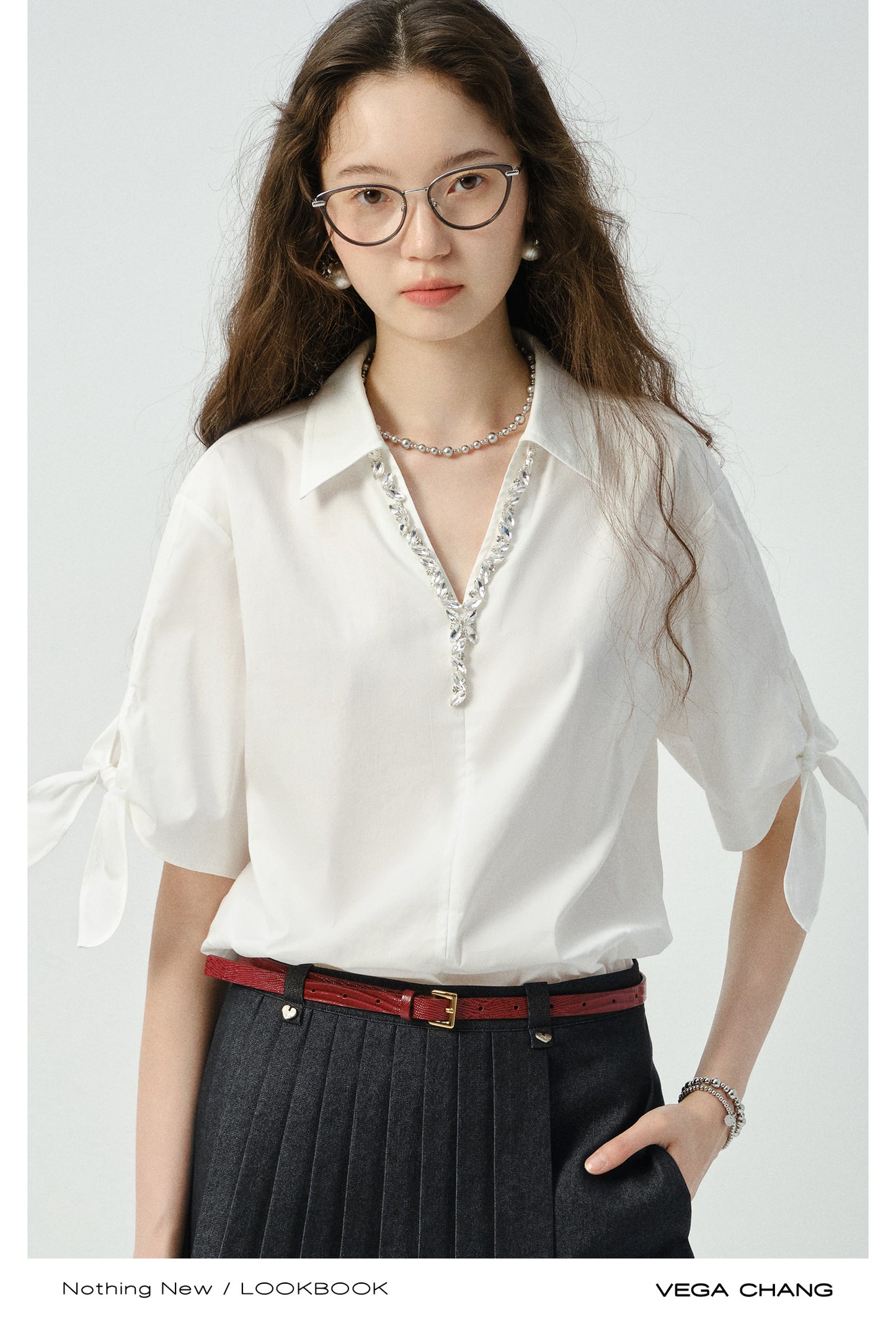Sparkling V-Neck Shirt With Sleeve Tie Detail