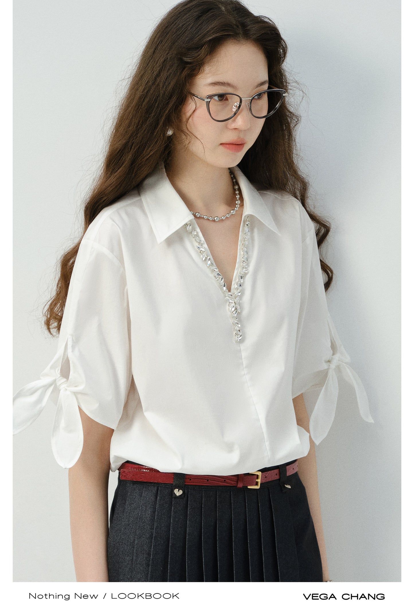 Sparkling V-Neck Shirt With Sleeve Tie Detail