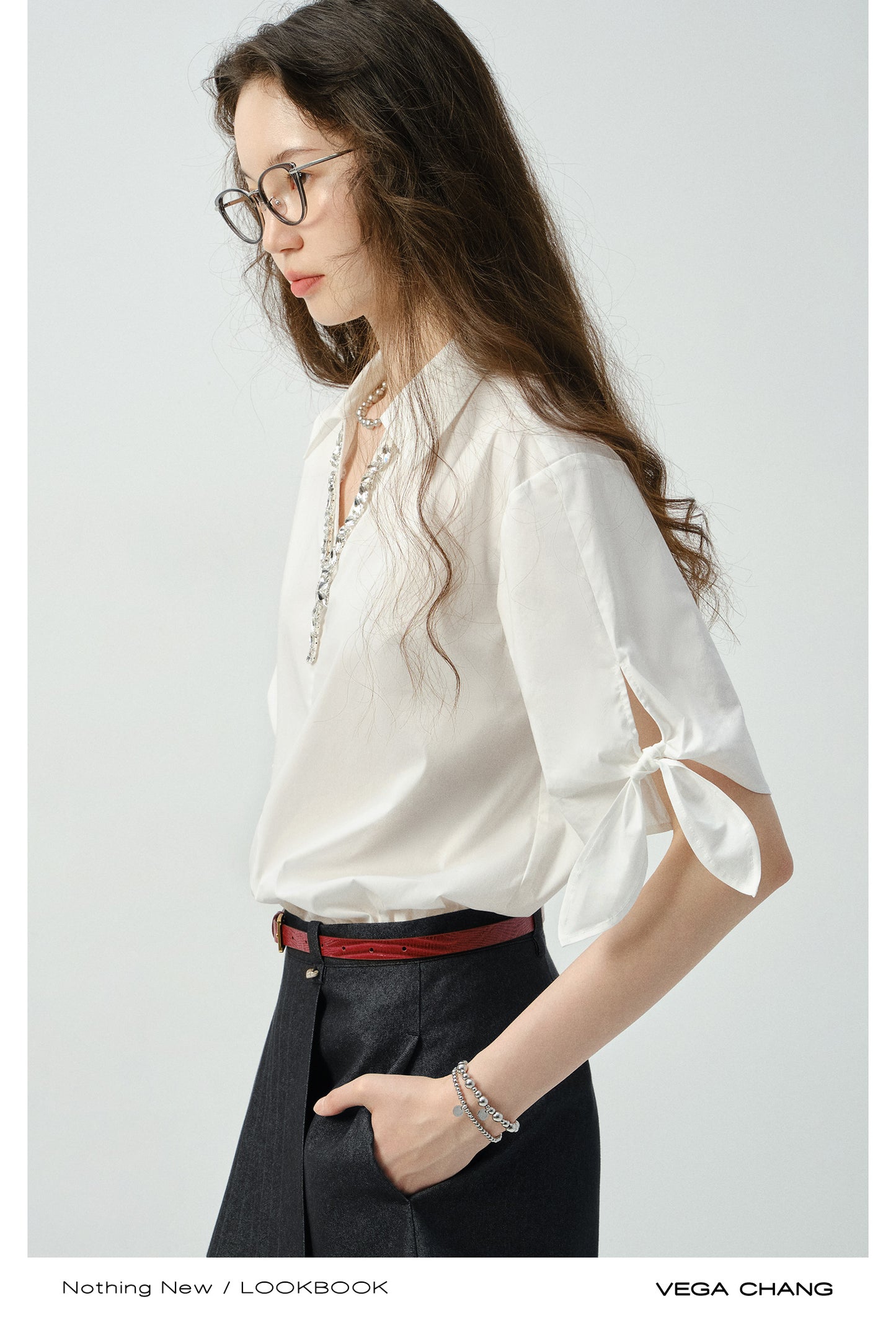 Sparkling V-Neck Shirt With Sleeve Tie Detail