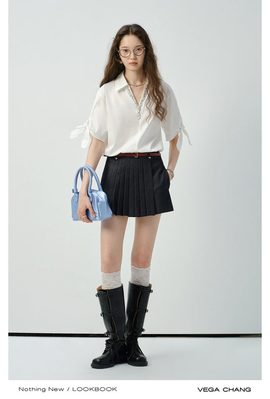 Sparkling V-Neck Shirt With Sleeve Tie Detail