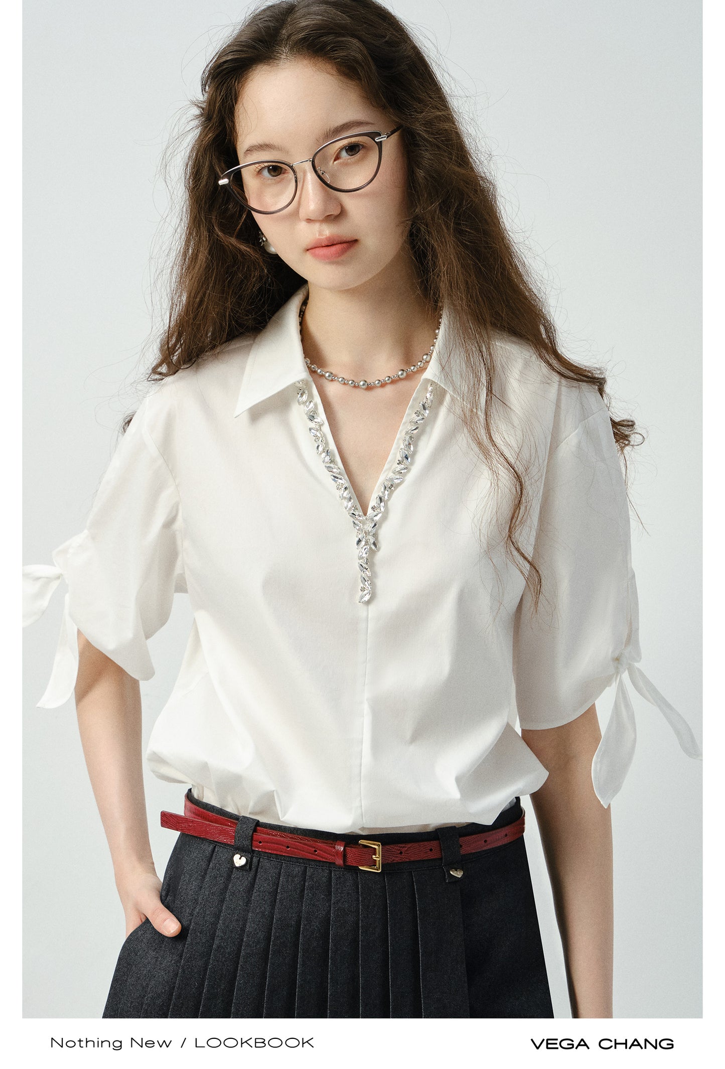 Sparkling V-Neck Shirt With Sleeve Tie Detail