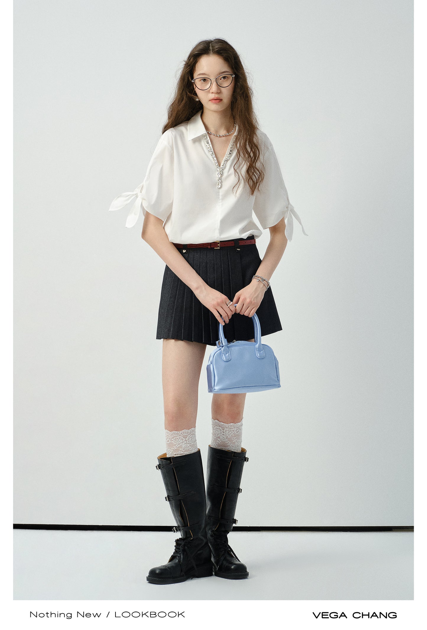 Sparkling V-Neck Shirt With Sleeve Tie Detail