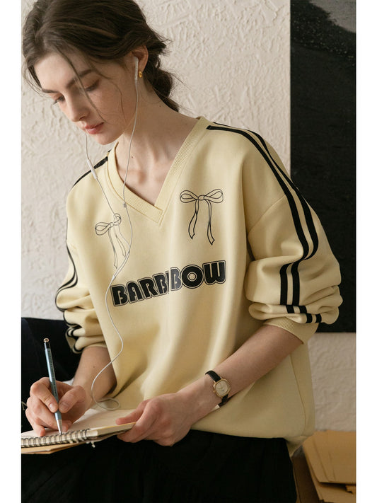Bow Print Sporty V-Neck Sweatshirt