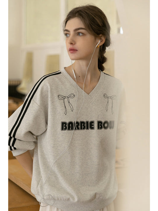 Bow Print Sporty V-Neck Sweatshirt