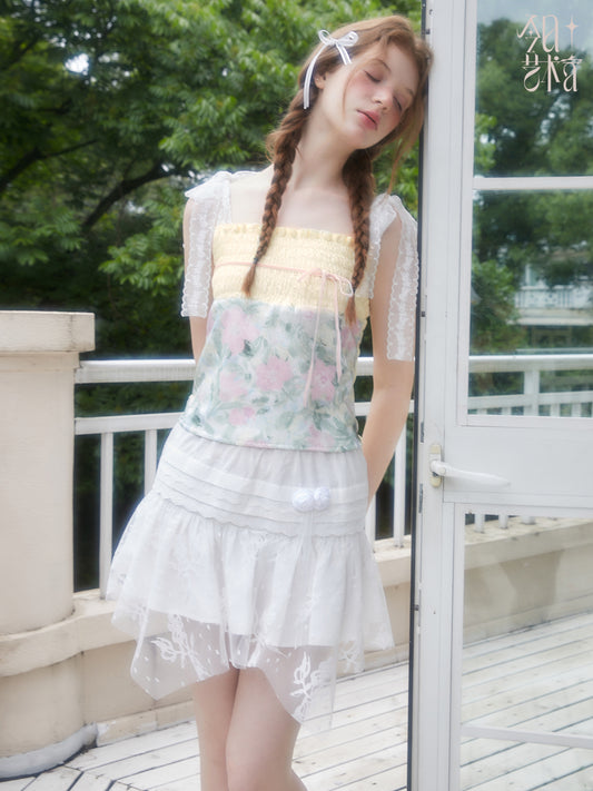 Mixed Fabric See-Through Floral Lace Skirt