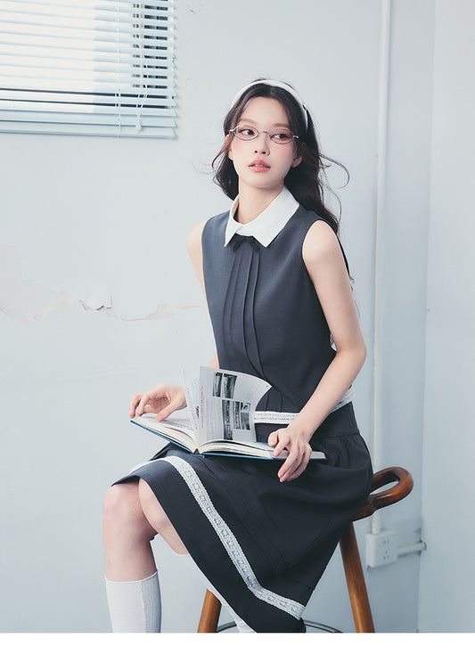 Tailored Pintuck Top & Skirt With Lace Tape