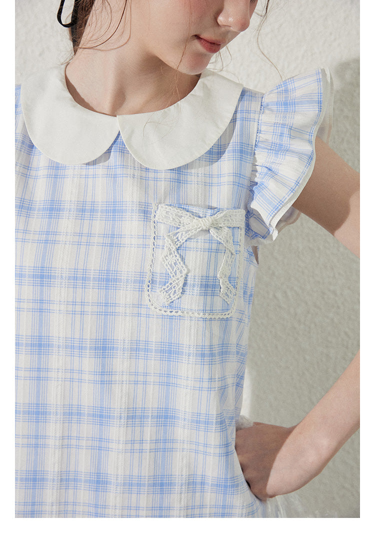Peter Pan Collar Plaid Dress With Butterfly Sleeves