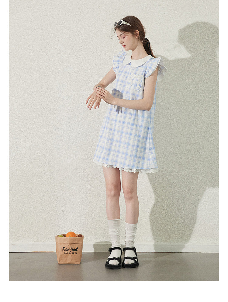Peter Pan Collar Plaid Dress With Butterfly Sleeves