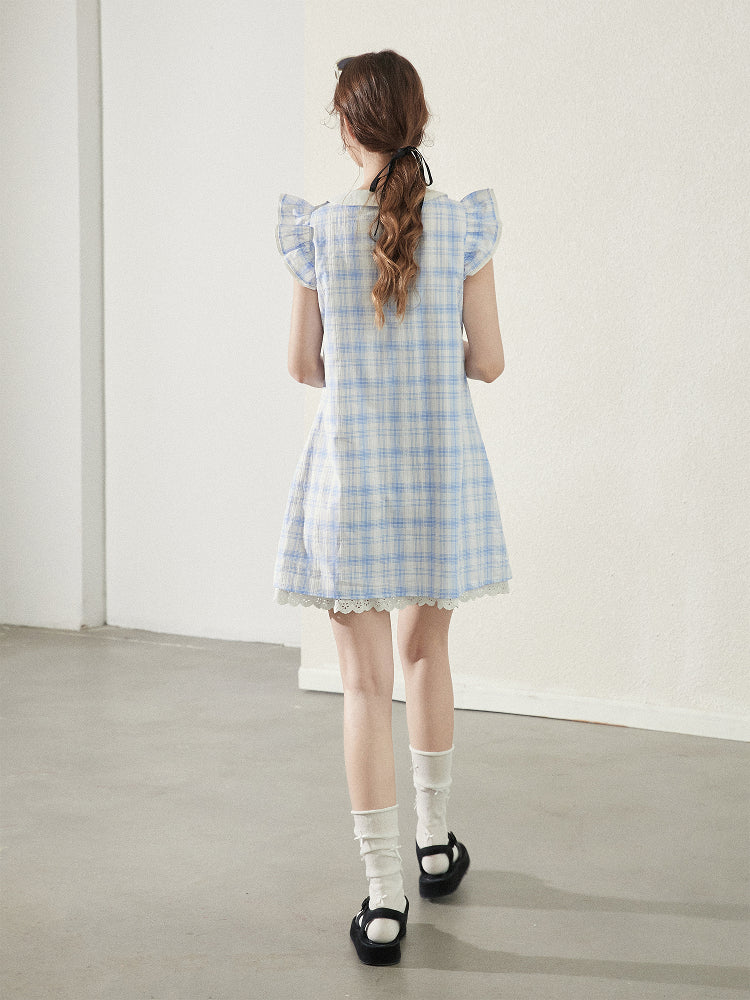 Peter Pan Collar Plaid Dress With Butterfly Sleeves