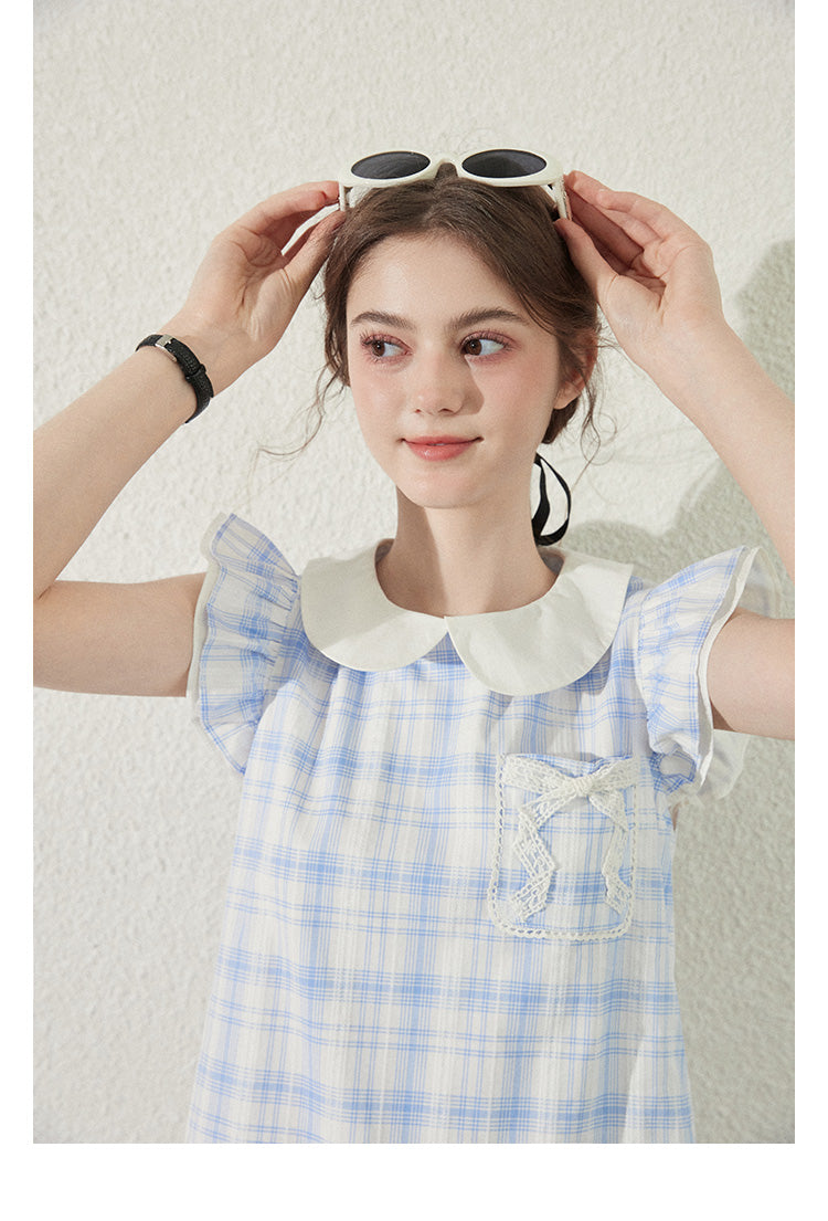 Peter Pan Collar Plaid Dress With Butterfly Sleeves