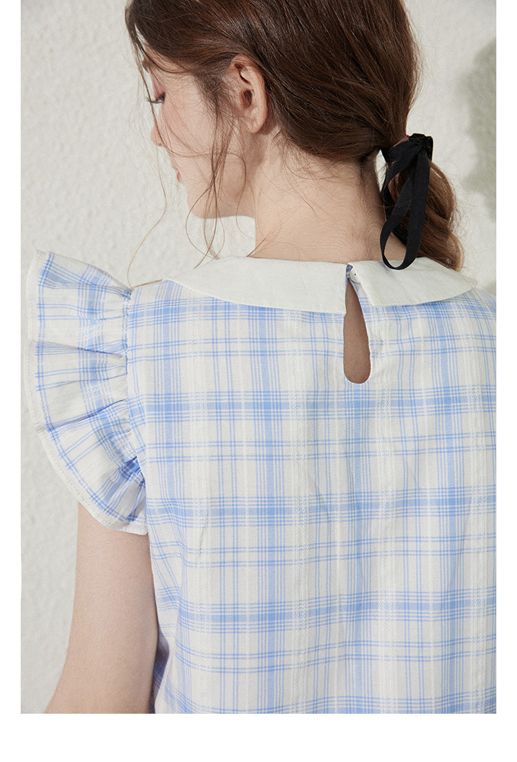 Peter Pan Collar Plaid Dress With Butterfly Sleeves