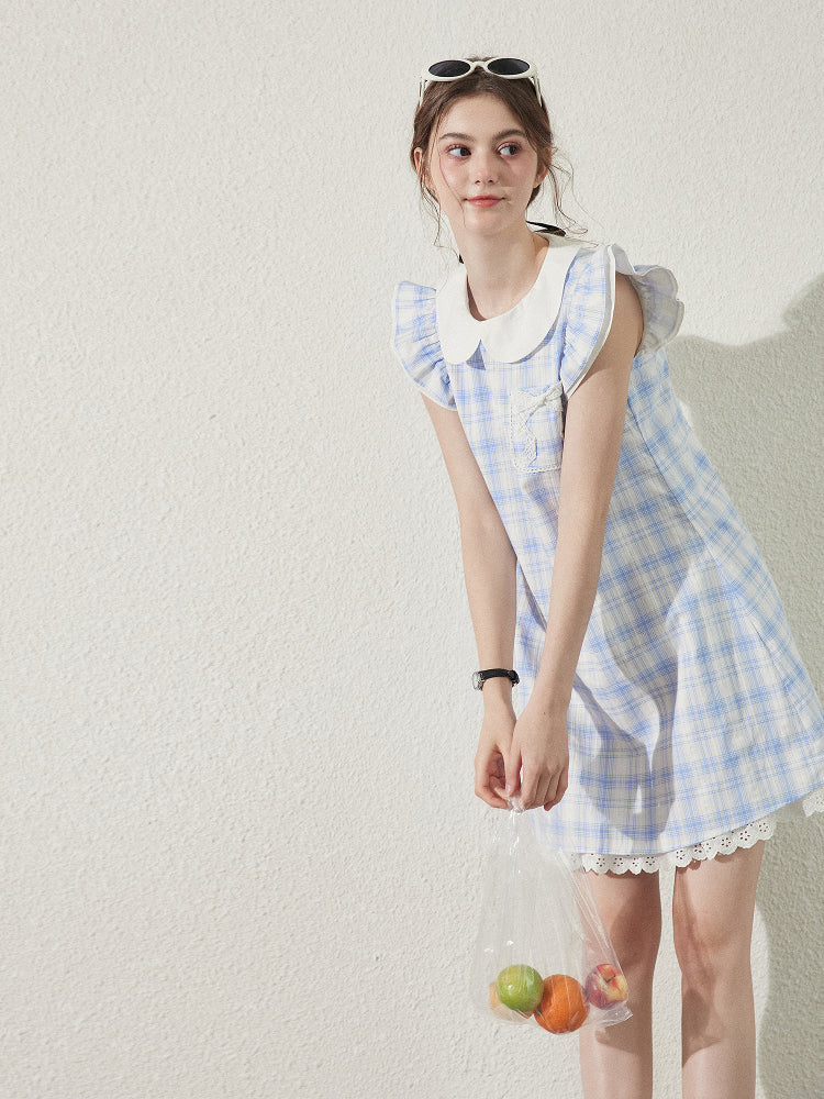 Peter Pan Collar Plaid Dress With Butterfly Sleeves