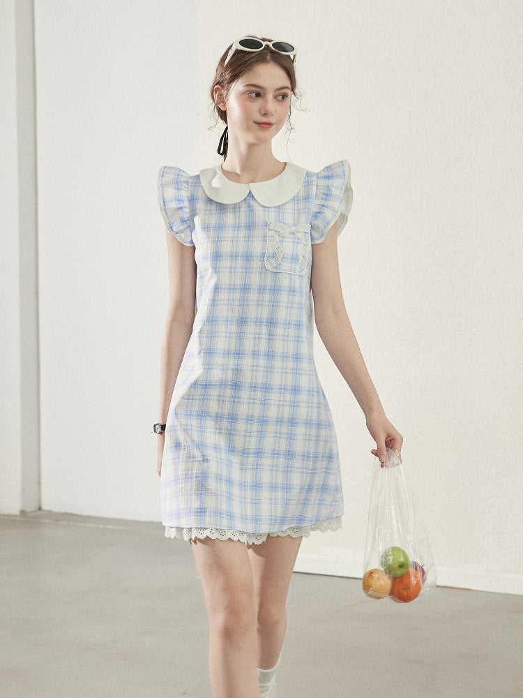 Peter Pan Collar Plaid Dress With Butterfly Sleeves