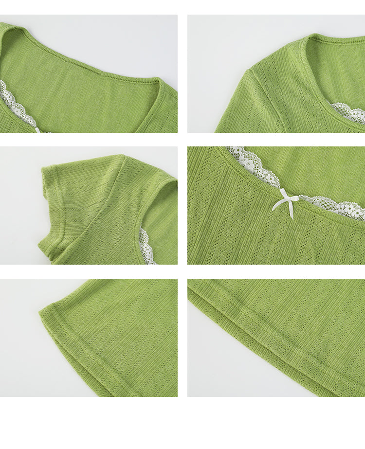 Pointelle Knit Top With Lace Accent