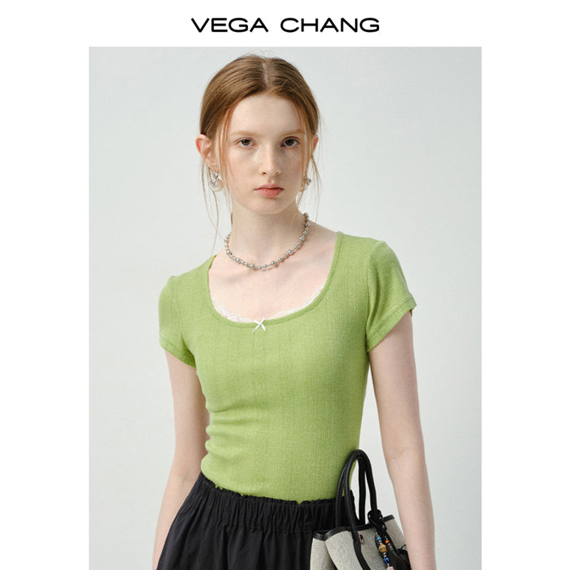 Pointelle Knit Top With Lace Accent