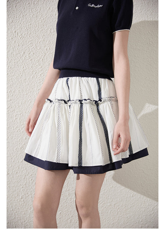 Ruffled Patchwork Cotton Skirt With Dotted Stripes