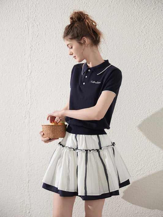 Ruffled Patchwork Cotton Skirt With Dotted Stripes