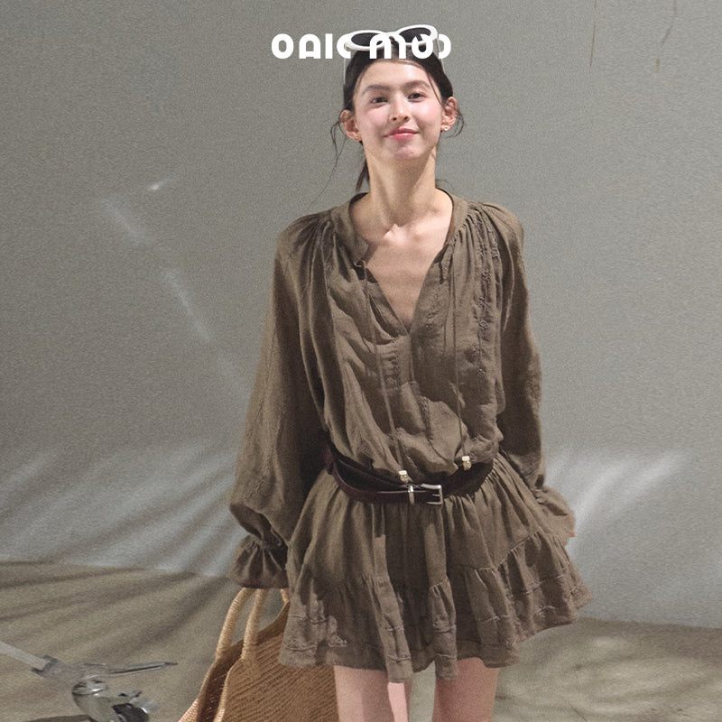 Tie-Neck Puff Sleeve Blouse And Skirt