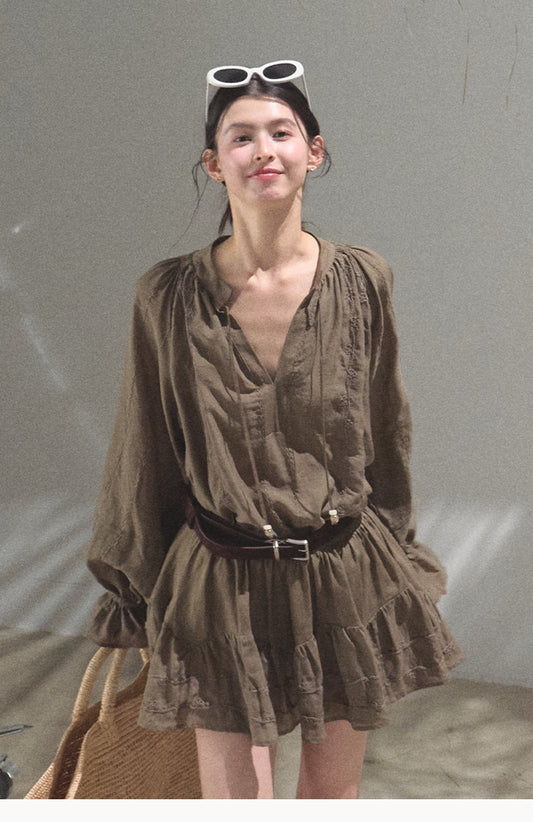 Tie-Neck Puff Sleeve Blouse And Skirt