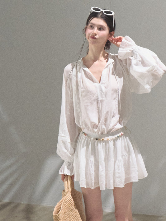 Tie-Neck Puff Sleeve Blouse And Skirt