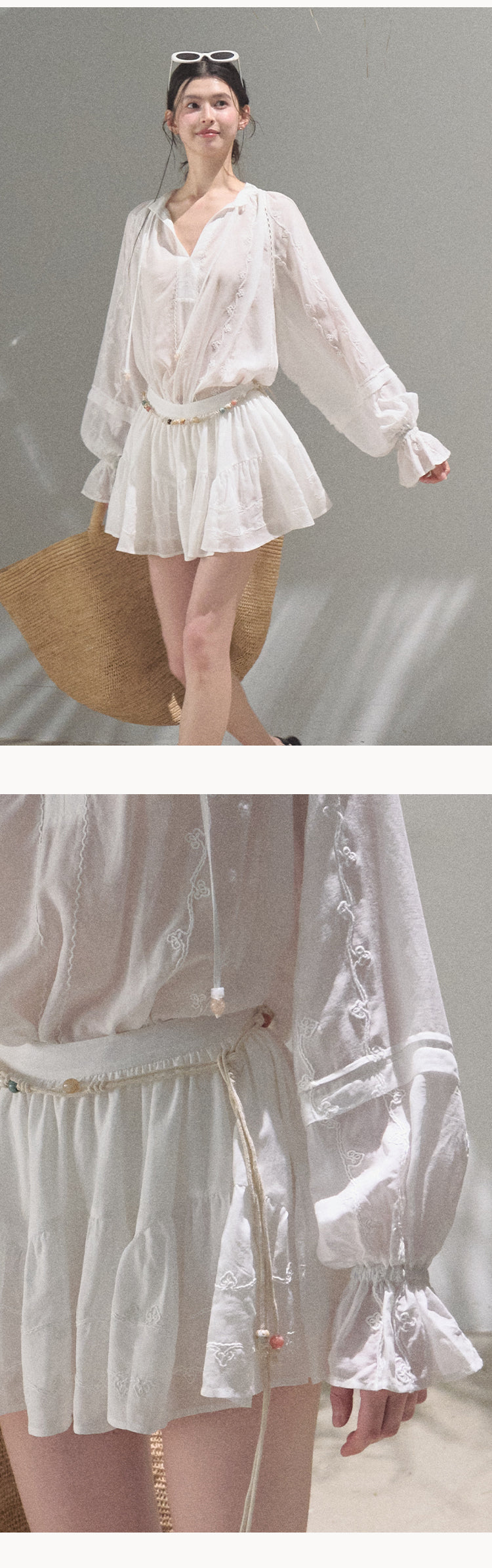 Tie-Neck Puff Sleeve Blouse And Skirt