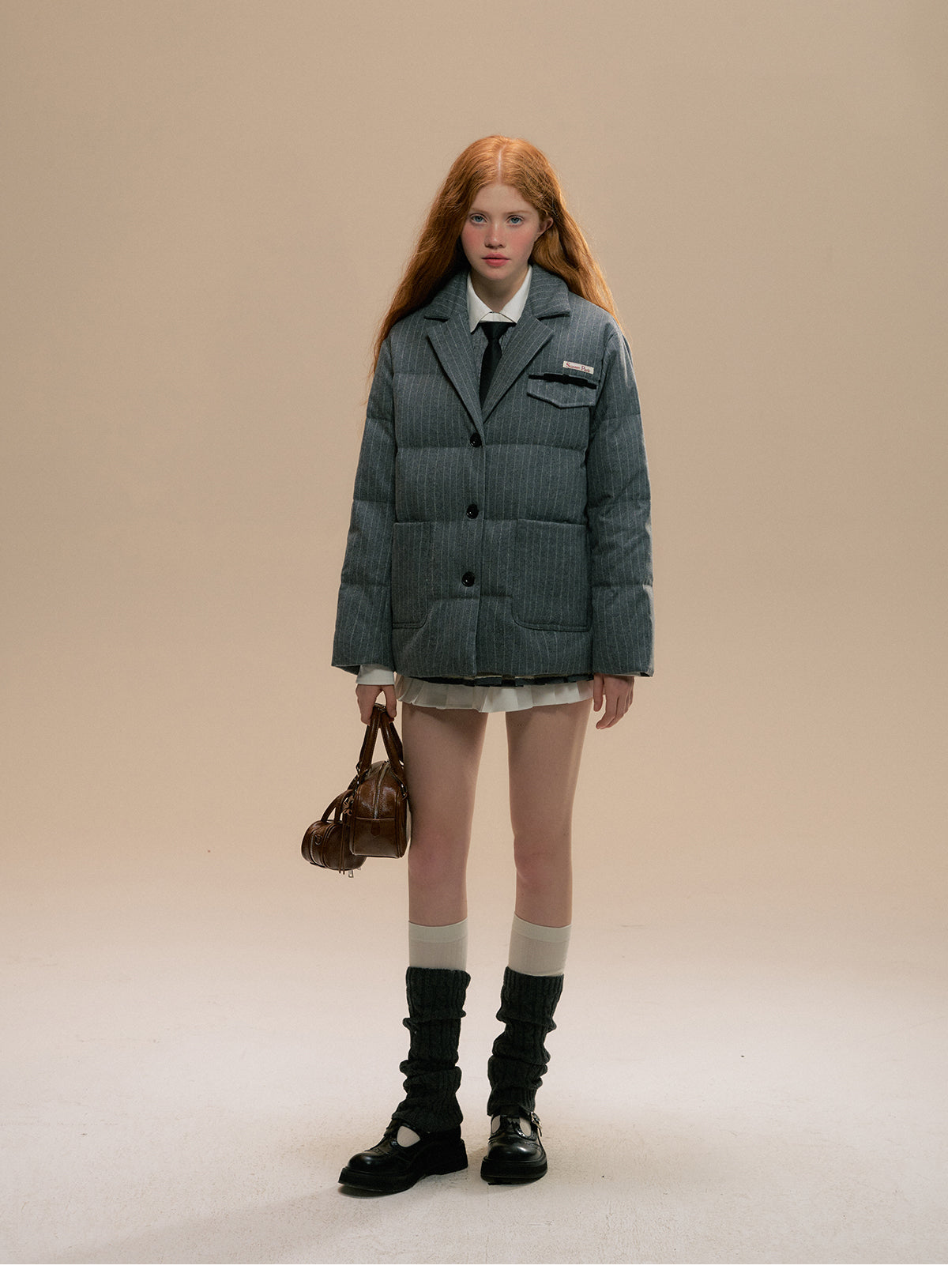 Striped Wool Blend Blazer-Style Puffer Jacket