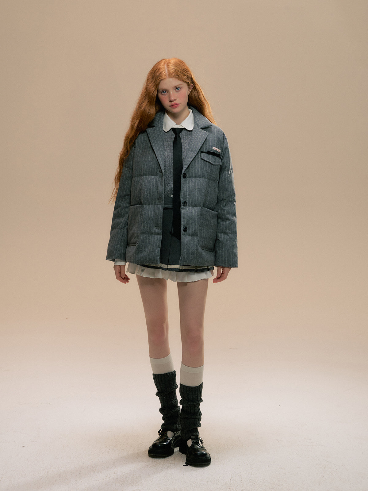 Striped Wool Blend Blazer-Style Puffer Jacket