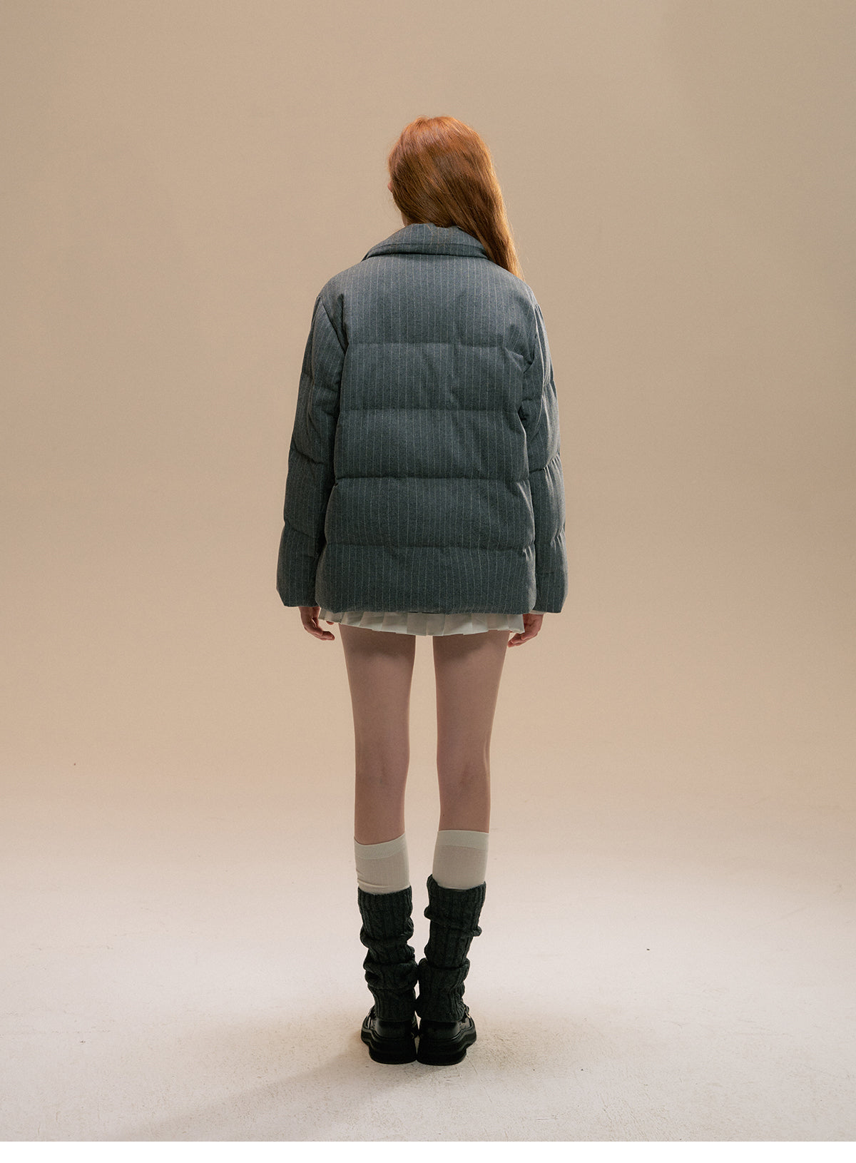 Striped Wool Blend Blazer-Style Puffer Jacket