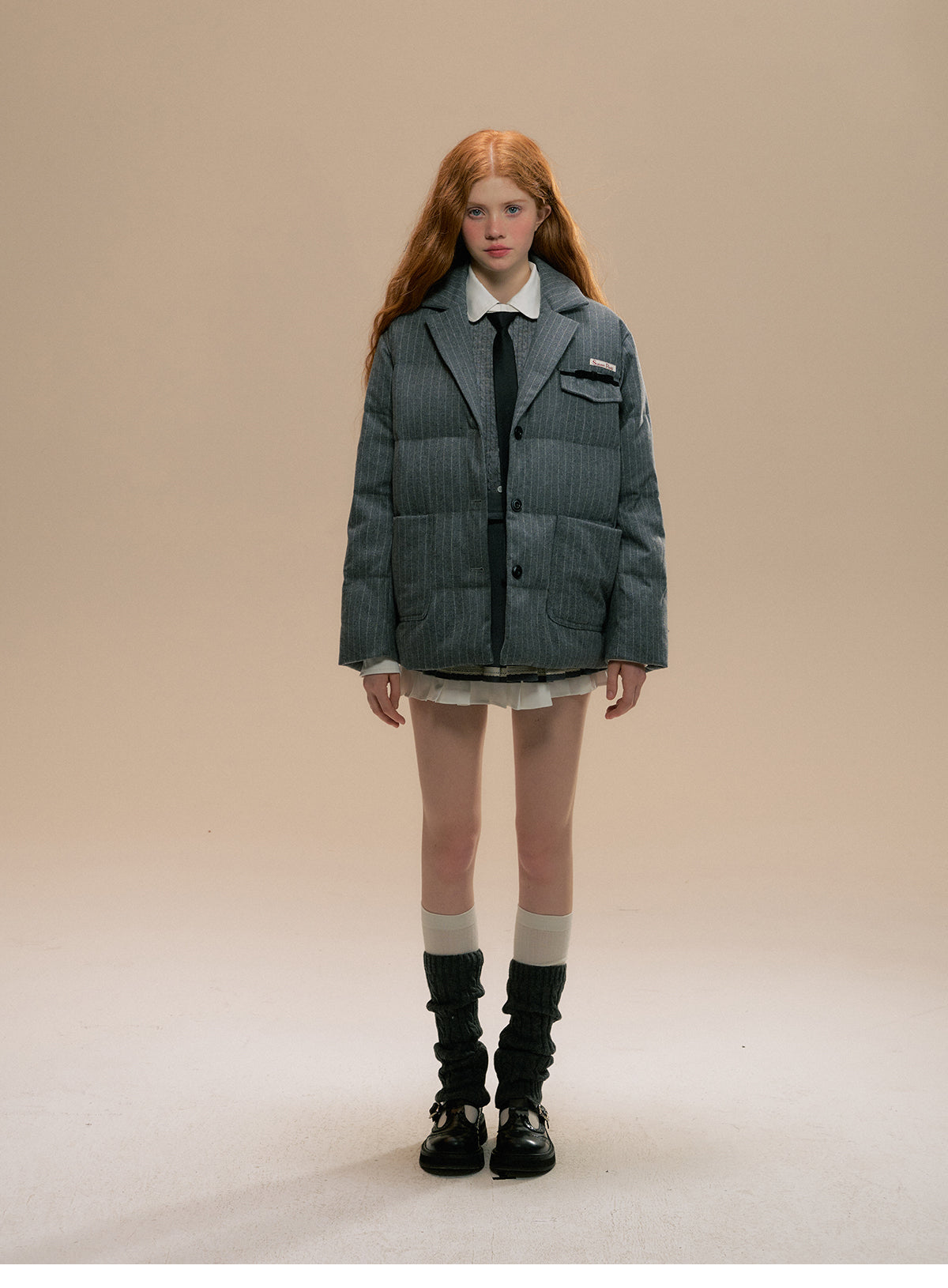 Striped Wool Blend Blazer-Style Puffer Jacket