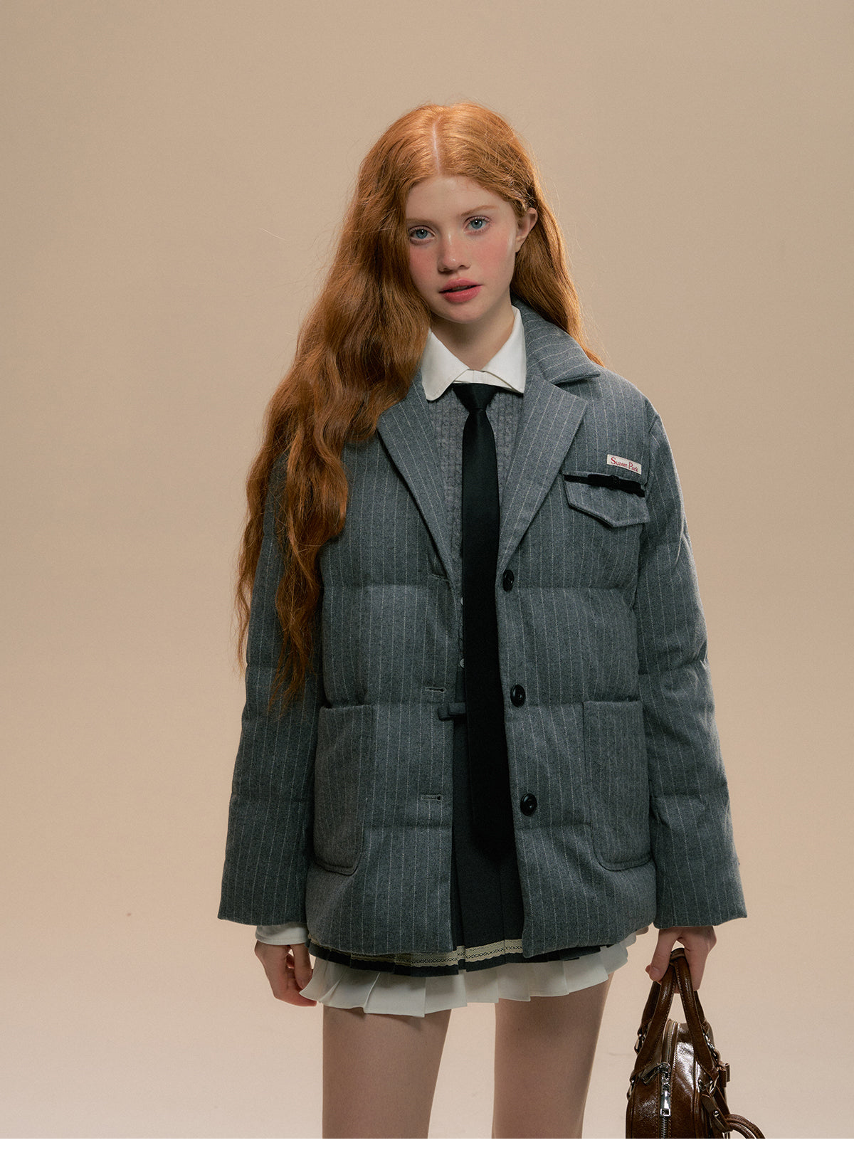 Striped Wool Blend Blazer-Style Puffer Jacket