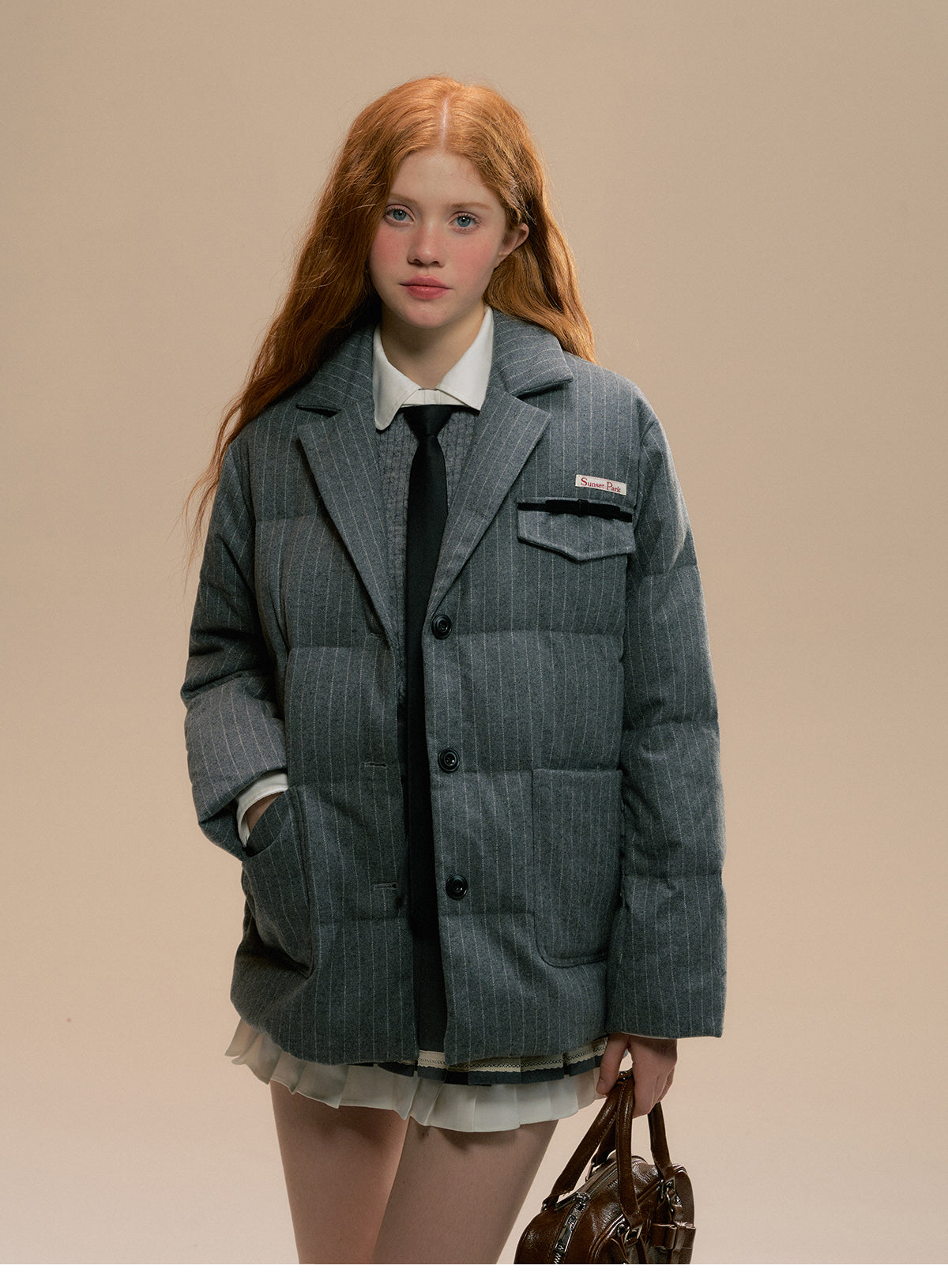 Striped Wool Blend Blazer-Style Puffer Jacket