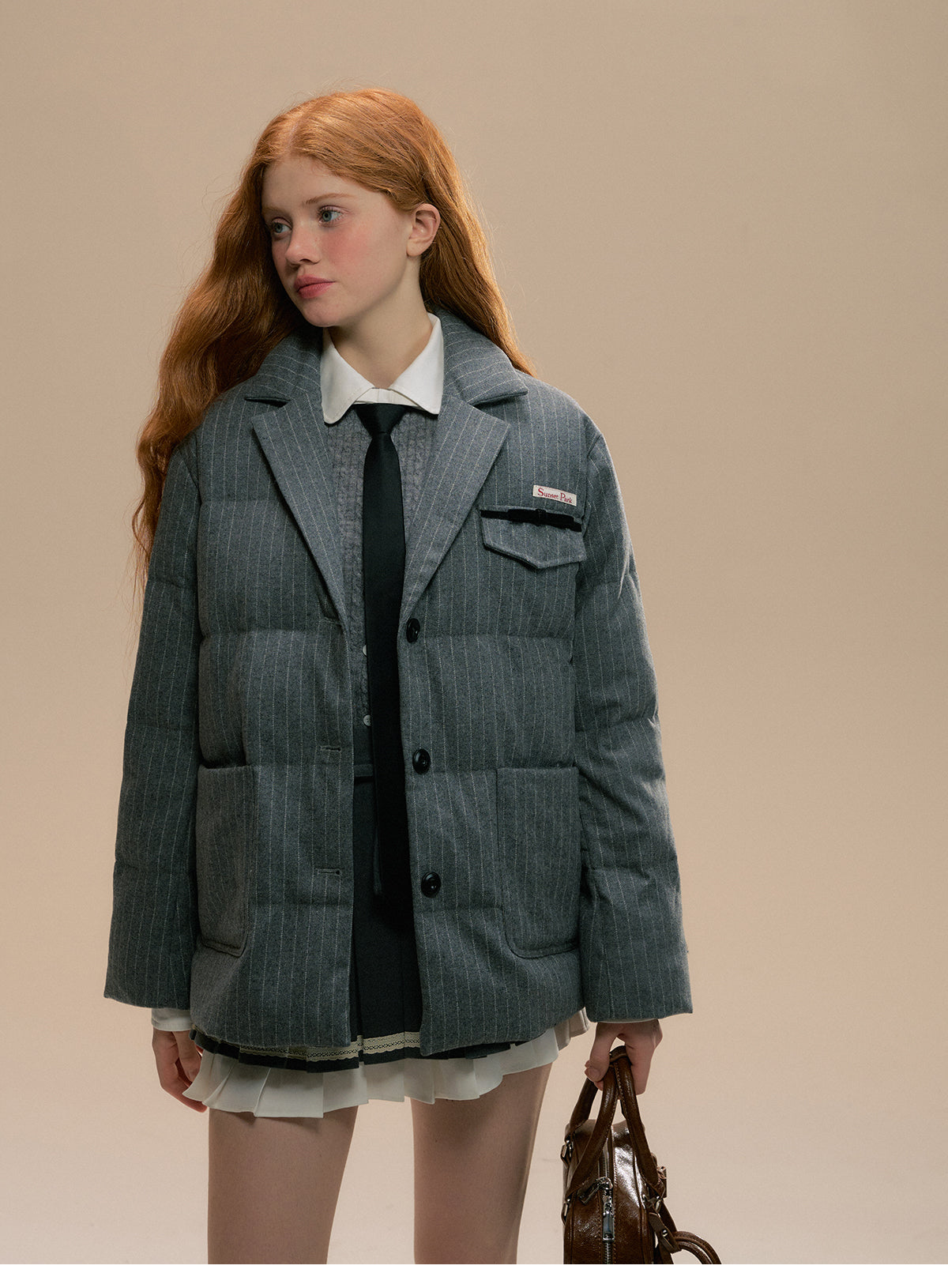 Striped Wool Blend Blazer-Style Puffer Jacket