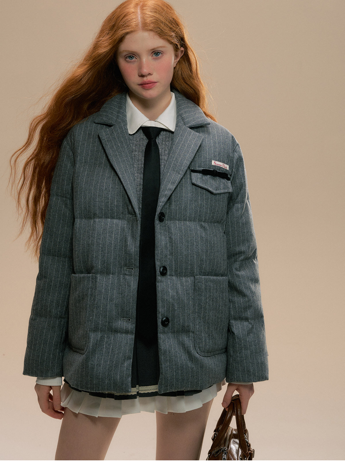 Striped Wool Blend Blazer-Style Puffer Jacket