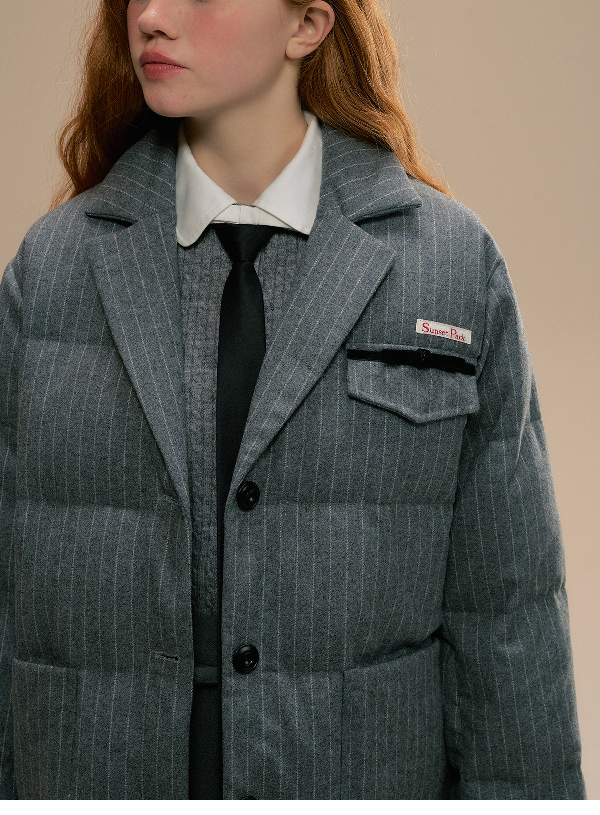 Striped Wool Blend Blazer-Style Puffer Jacket