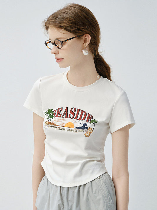 Round Hem Printed T-Shirt And Drawstring Nylon Pants