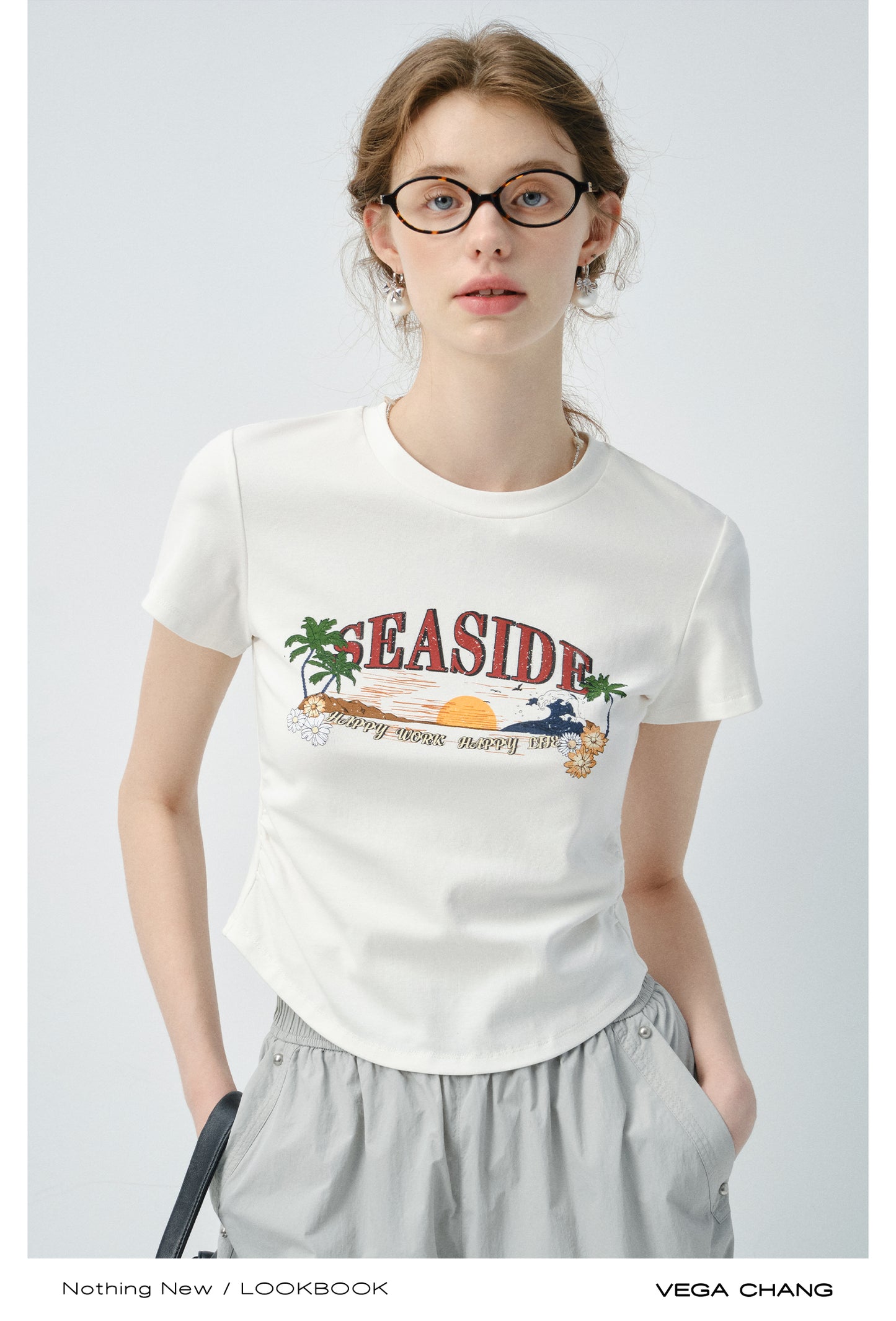 Round Hem Printed T-Shirt And Drawstring Nylon Pants